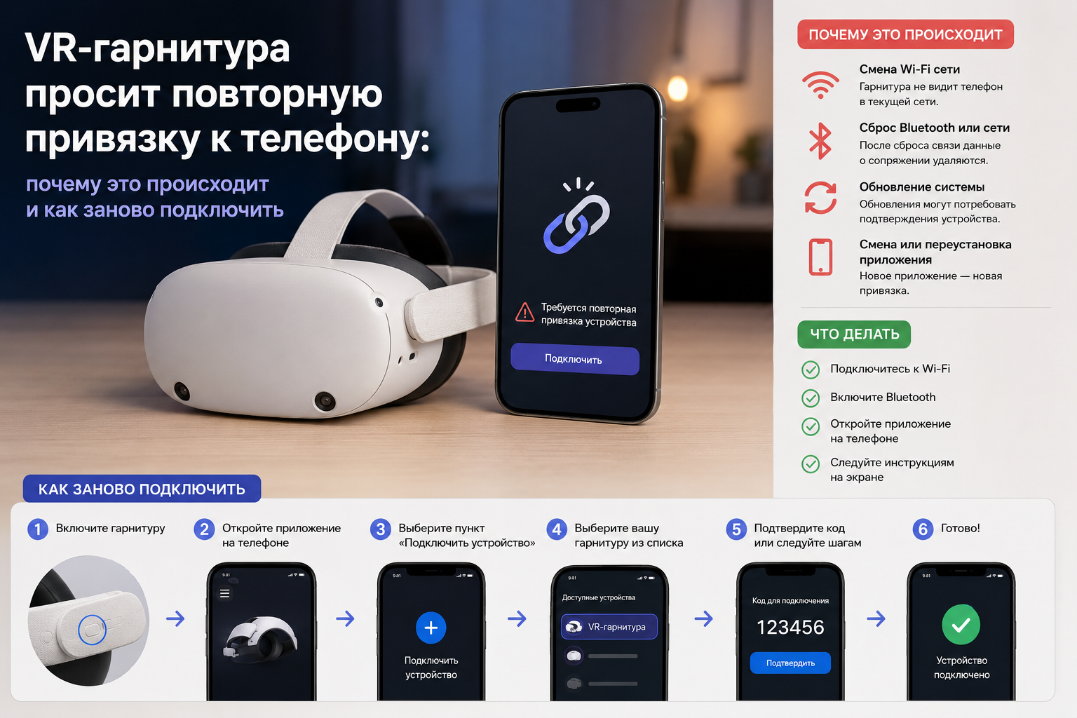 Meta* Quest просит повторную привязку к телефону: почему это происходит и как заново подключить гарнитуру