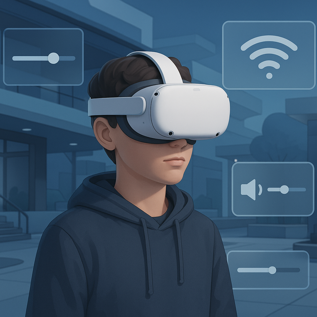 Пользователь в шлеме Meta Quest на фоне мира VRChat с панелью настроек графики и сети