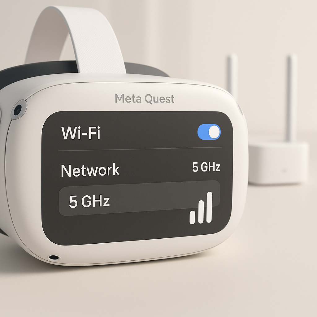 Интерфейс Meta Quest с настройками Wi‑Fi и выделенной сетью 5 ГГц