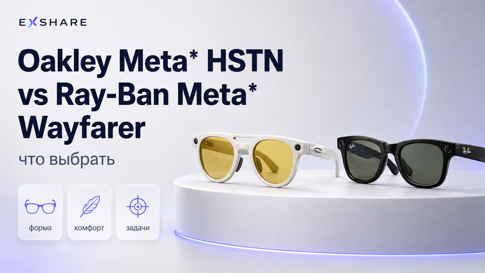 Белые очки Oakley Meta HSTN и чёрные Ray-Ban Meta Wayfarer на обложке сравнения двух моделей.