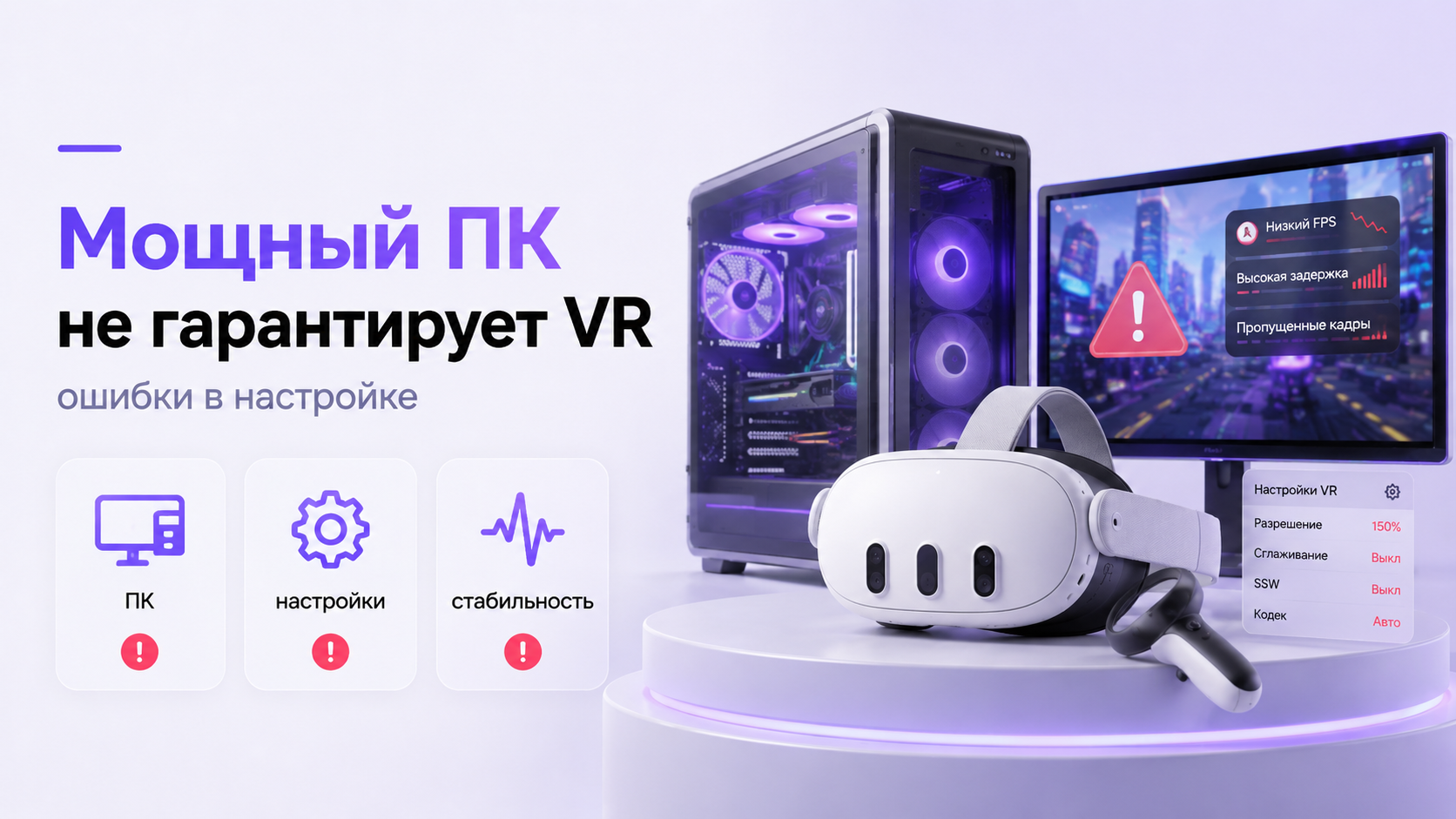 Мощный игровой ПК и VR-шлем на столе с дергающимся изображением на мониторе