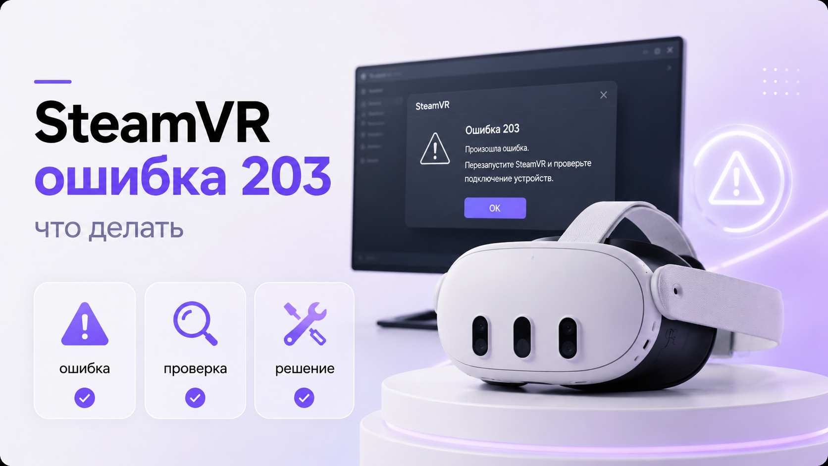 Ошибка SteamVR 203 на экране компьютера рядом с VR‑шлемом