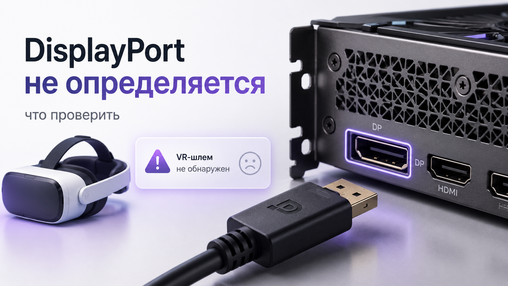 ПК с видеокартой и VR‑шлемом рядом, видны порты DisplayPort