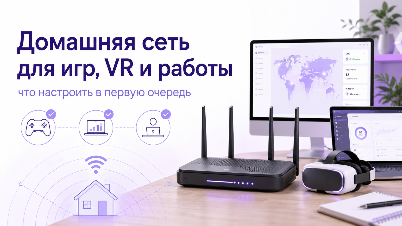 Домашняя сеть для игр и VR с ПК, роутером и VR-шлемом