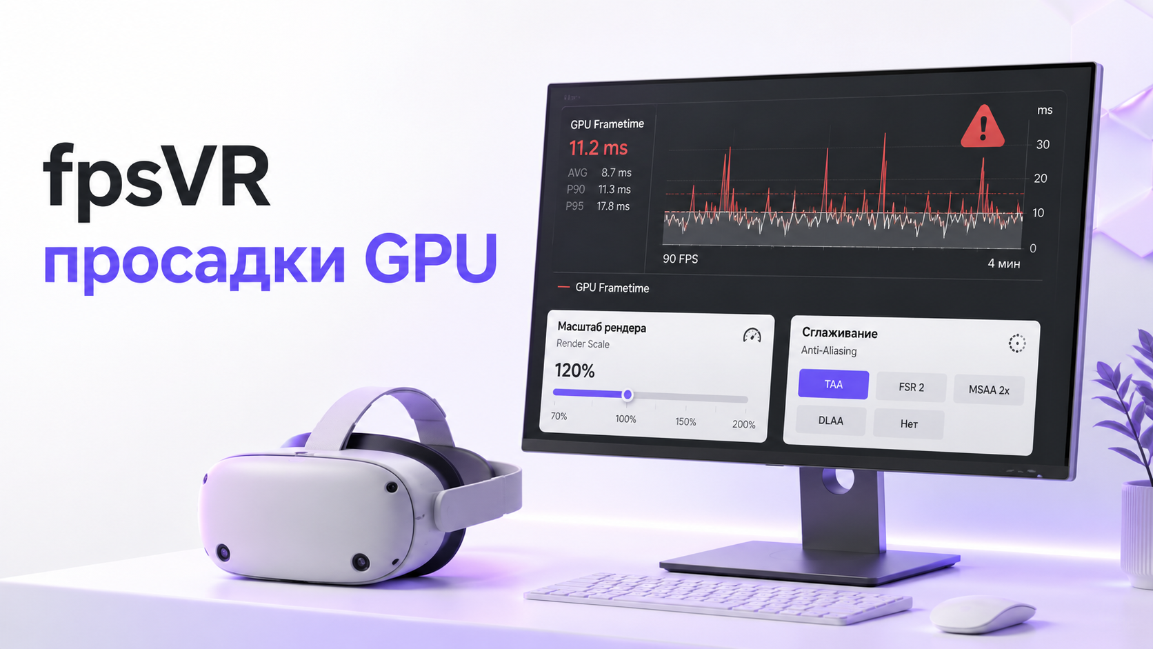 Монитор с оверлеем fpsVR и графиком GPU frametime при настройке VR
