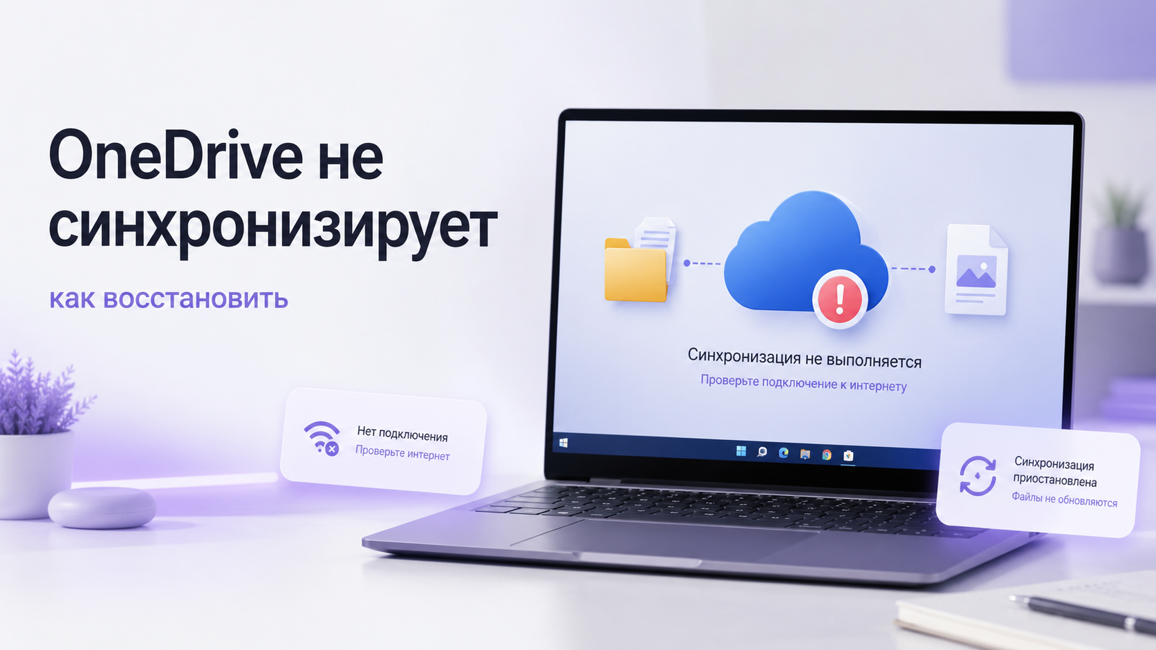 окно OneDrive с ошибкой синхронизации на фоне рабочего стола и VR‑шлема