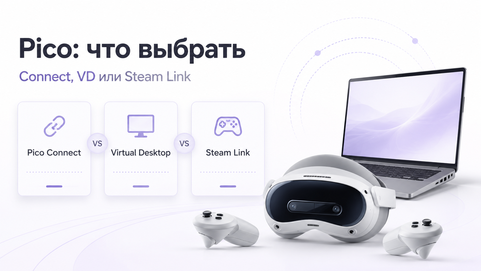 Pico VR-шлем и ПК с логотипами Pico Connect, Virtual Desktop и Steam Link