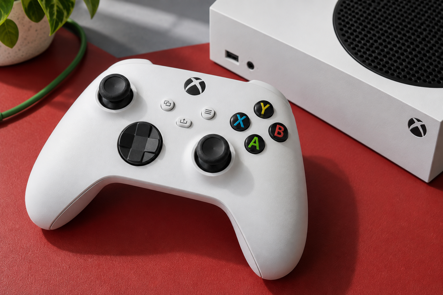 Белый контроллер Xbox и консоль Xbox Series S на красной поверхности.