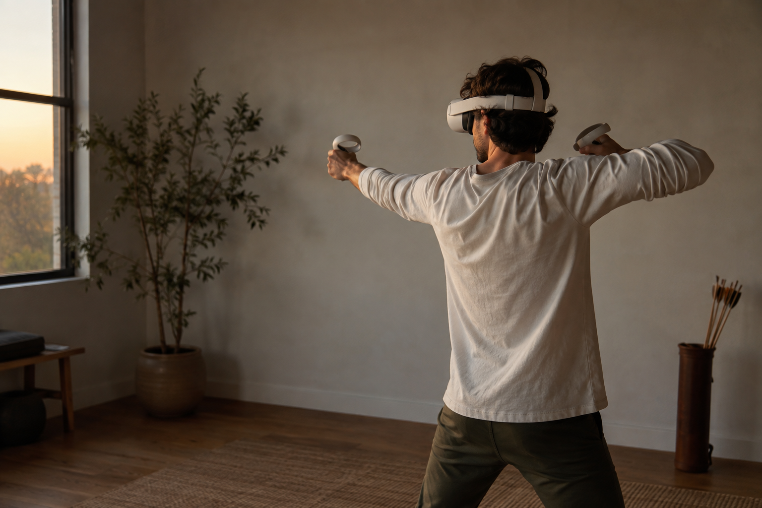 Игрок в белой VR-гарнитуре держит контроллеры в позе лучника в домашней комнате; рядом стоит напольный колчан со стрелами.