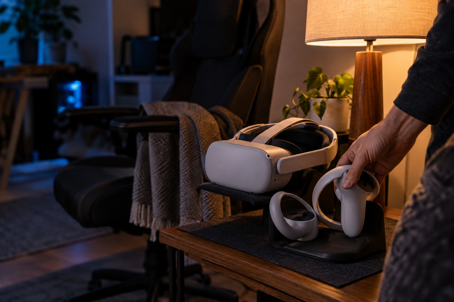 Белая VR-гарнитура на мягкой подставке рядом с контроллерами; рука кладёт контроллер в тёпло освещённом домашнем игровом уголке.