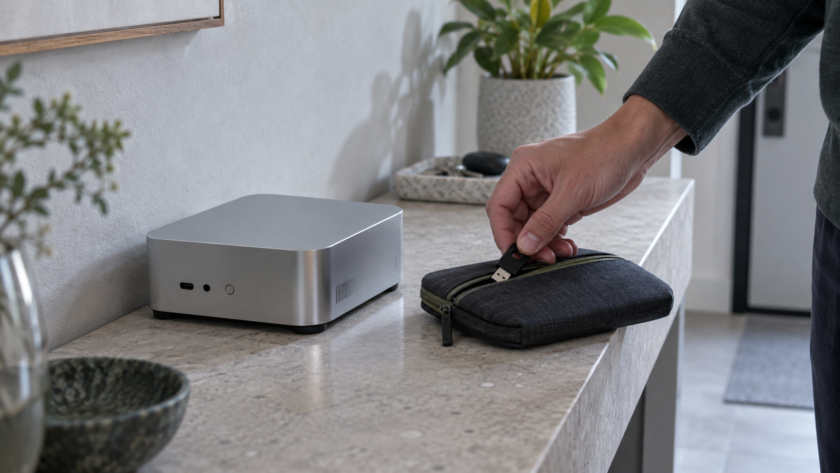 Рука убирает чёрный USB-ключ в тканевый чехол рядом с серебристым мини-компьютером на светлой каменной консоли.