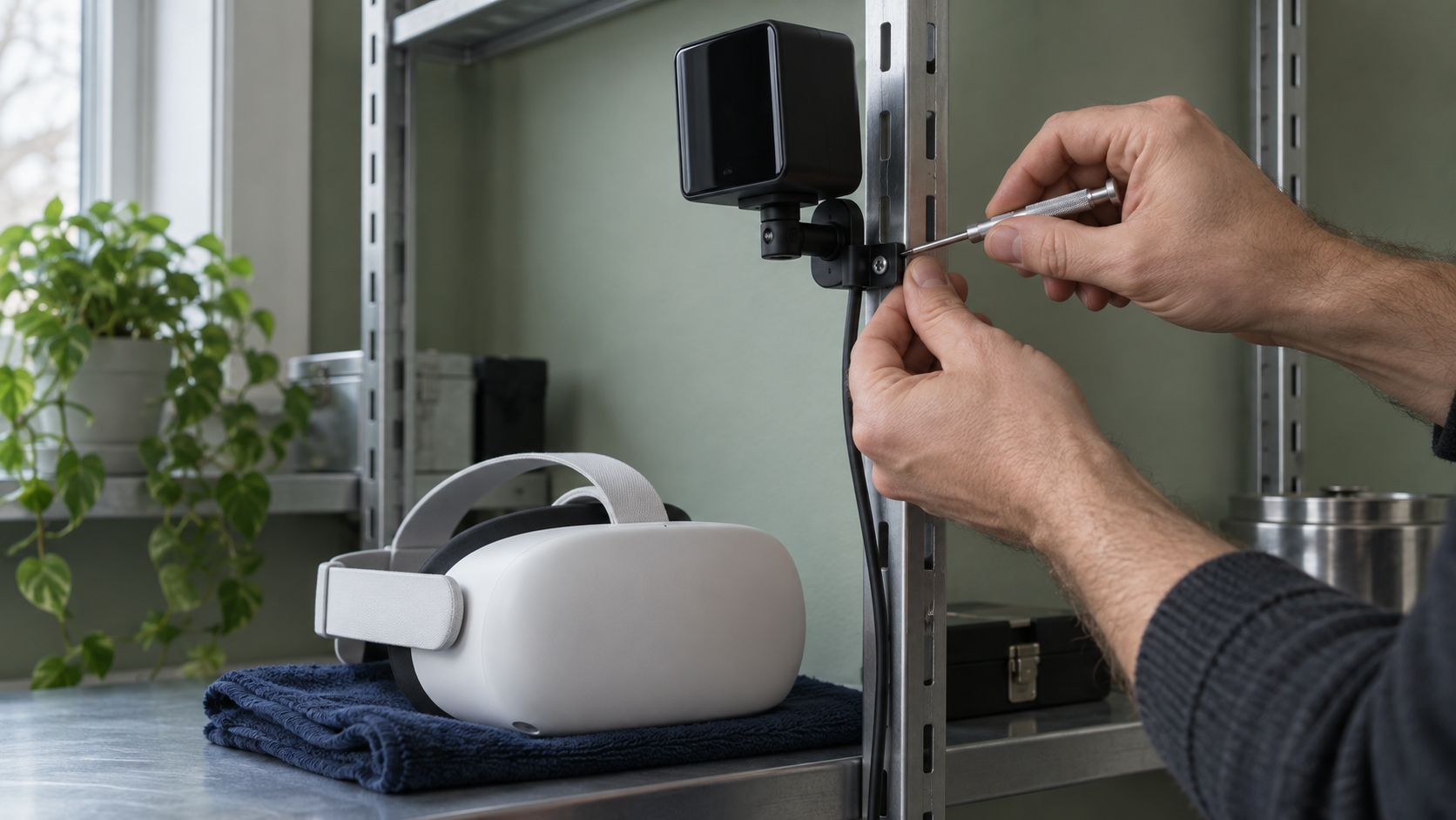 Руки закрепляют кабель на компактной VR-базовой станции на металлической полке; ниже на тёмной ткани лежит белая VR-гарнитура.