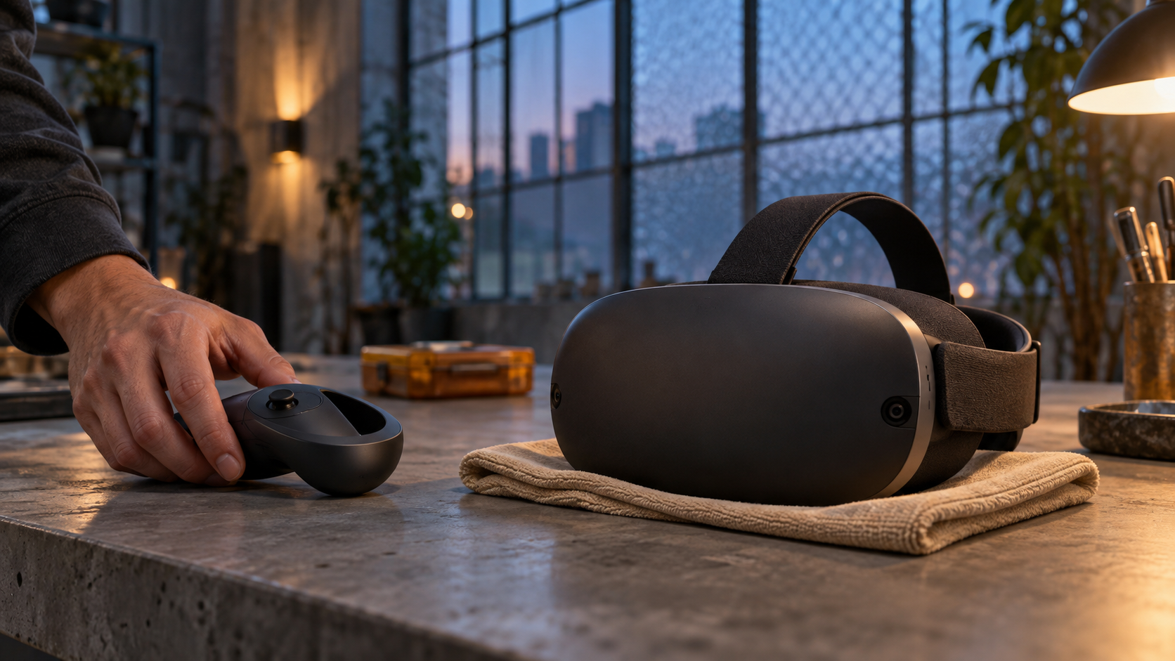 Рука кладёт чёрный VR-контроллер рядом с матовой тёмной гарнитурой на бежевой салфетке; на заднем плане видны фактурное окно и тёплый свет мастерской.