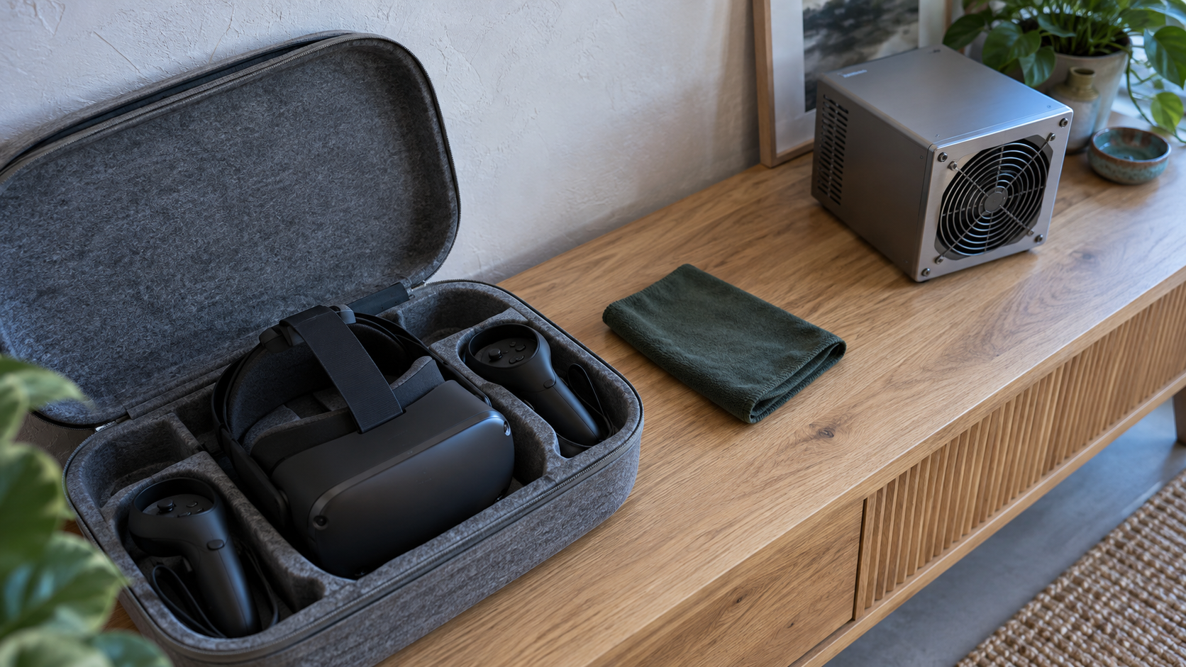 Чёрная VR-гарнитура и два контроллера лежат в сером войлочном кейсе на дубовой консоли; рядом стоят металлический блок с решёткой вентилятора и сложенная зелёная салфетка.