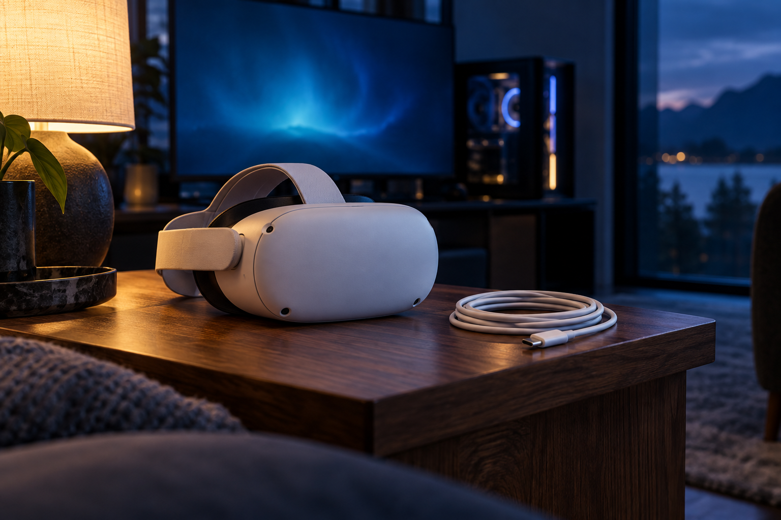 Белый VR-шлем и свернутый USB-C кабель лежат на деревянном столике рядом с мягко размытым системным блоком и голубым светом монитора.