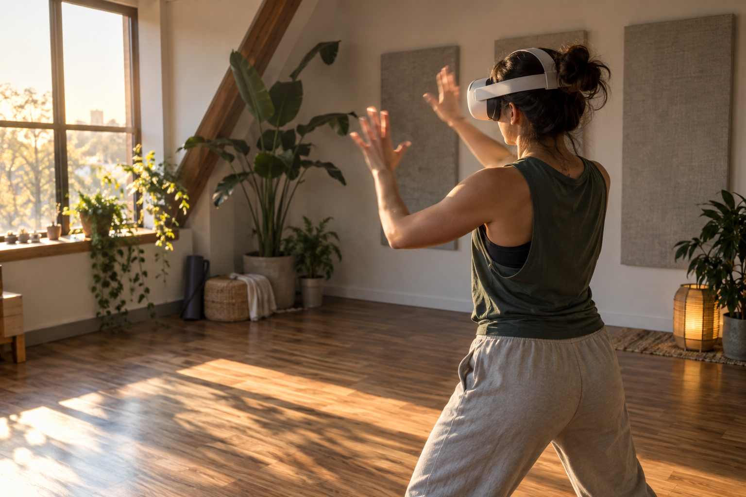 Человек в белом VR-шлеме стоит в светлой комнате и играет поднятыми руками без контроллеров.