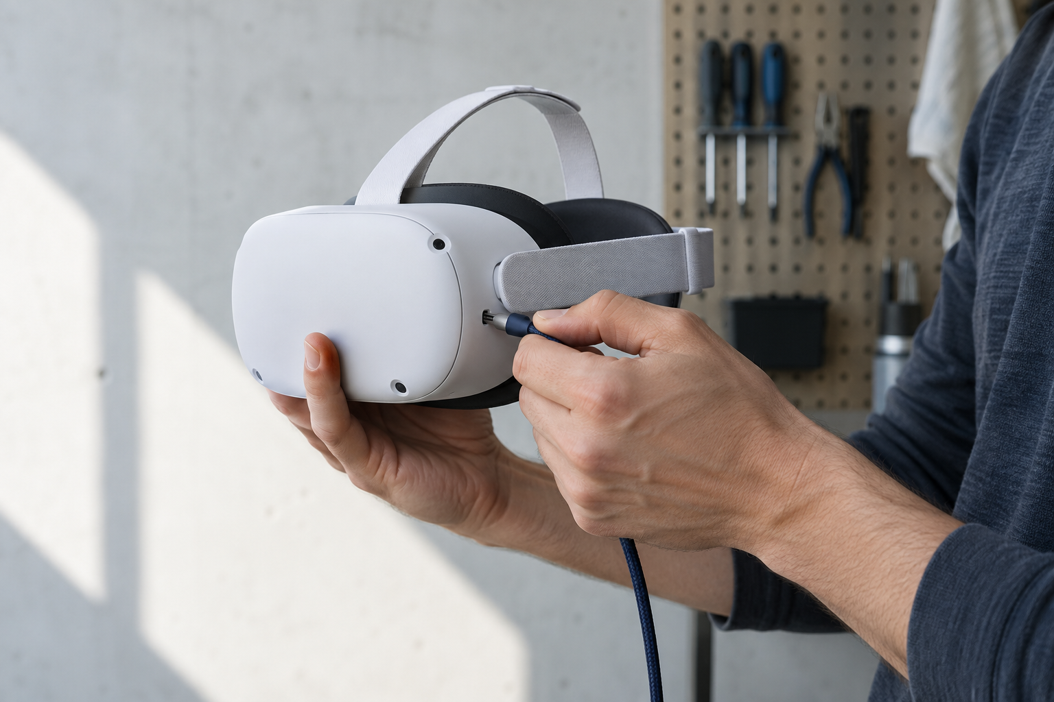 Человек держит белый VR-шлем и вставляет тёмно-синий плетёный кабель в разъём на его боковой панели; на заднем плане видна светлая перфорированная панель с инструментами.