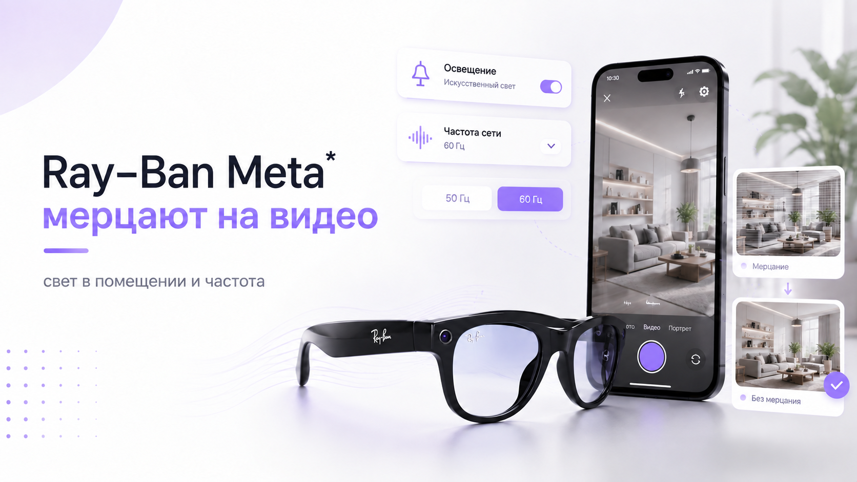Ray-Ban Meta рядом со смартфоном: сравнение видео с мерцанием и без него, выбор частоты 50 или 60 Гц