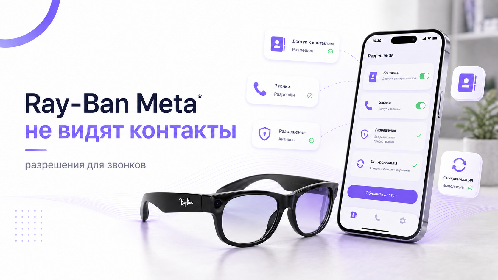 Ray-Ban Meta и экран смартфона с разрешениями на доступ к контактам и звонкам