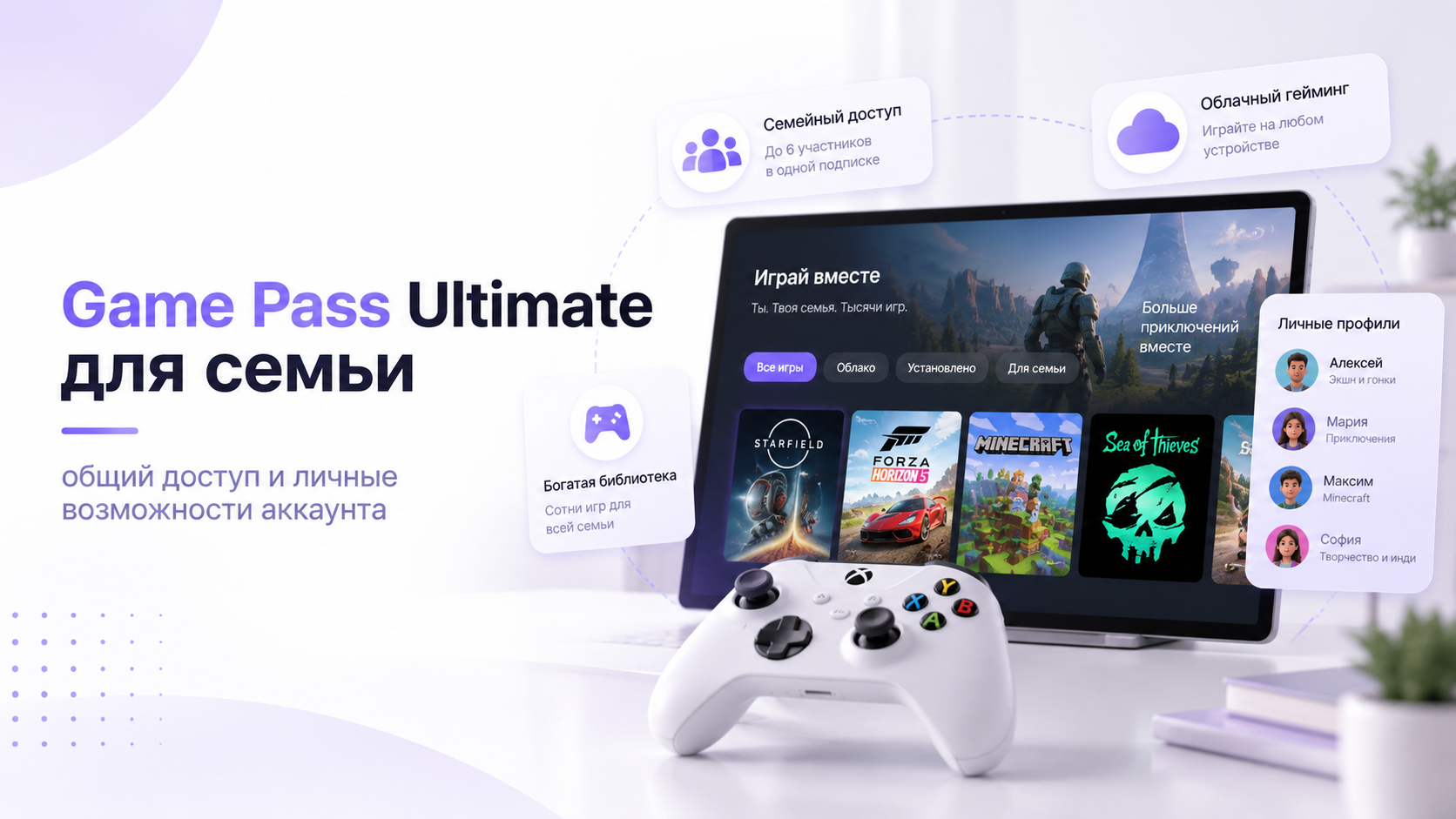 Планшет с каталогом Game Pass и геймпад Xbox: общий доступ к подписке в семье