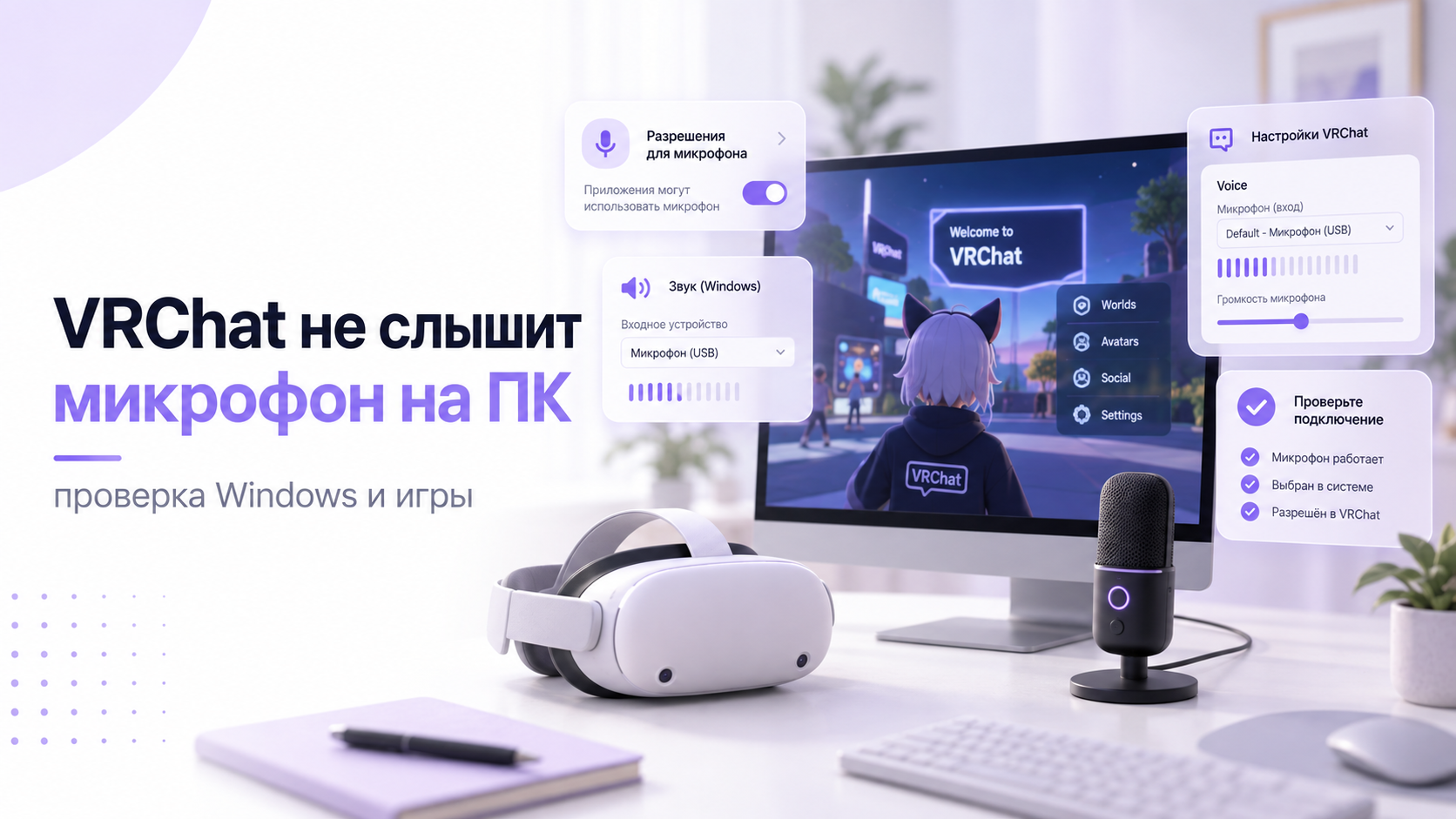 Монитор с VRChat, VR-шлем и настольный микрофон: проверка звука на ПК