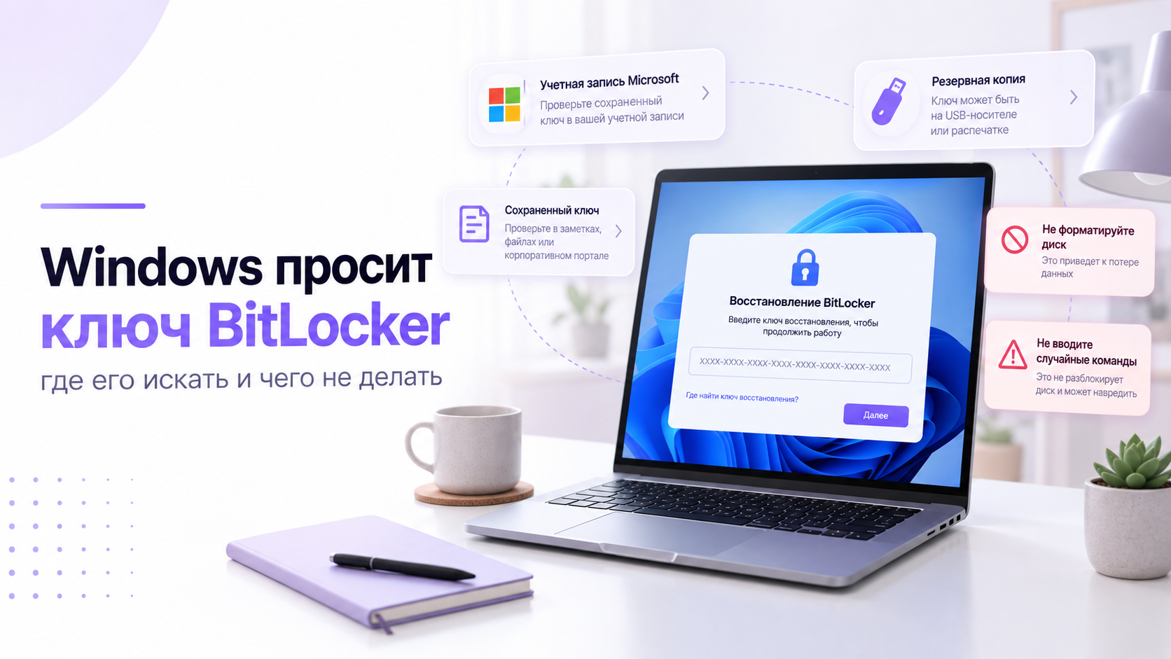 Ноутбук с окном восстановления BitLocker и подсказками по поиску ключа