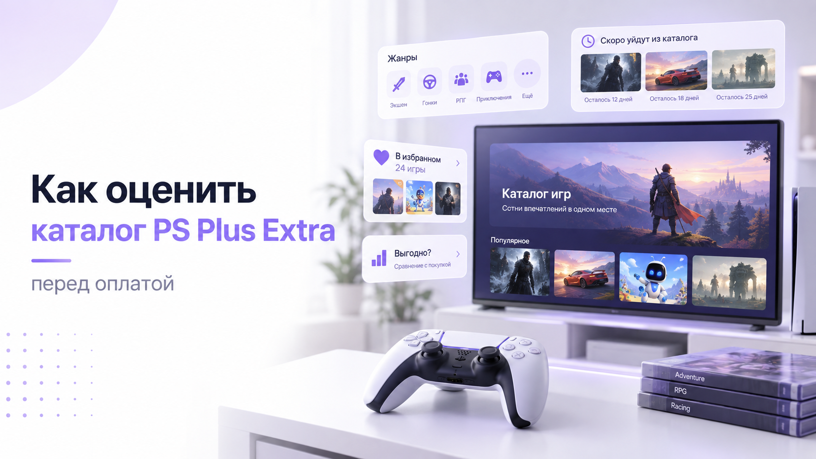 Телевизор с каталогом игр и контроллер DualSense: выбор подписки PS Plus Extra