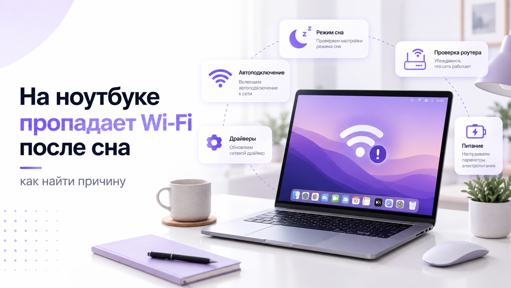 Ноутбук со значком Wi-Fi и подсказками по восстановлению сети после сна