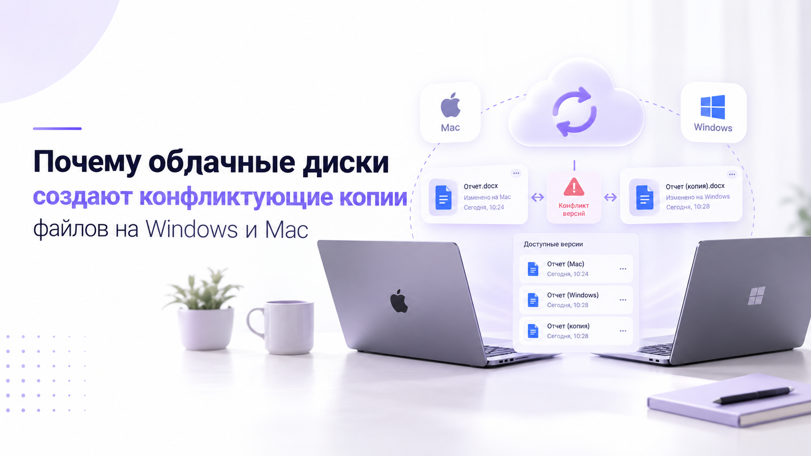 Ноутбуки Mac и Windows со схемой конфликтующих копий файлов в облачном хранилище