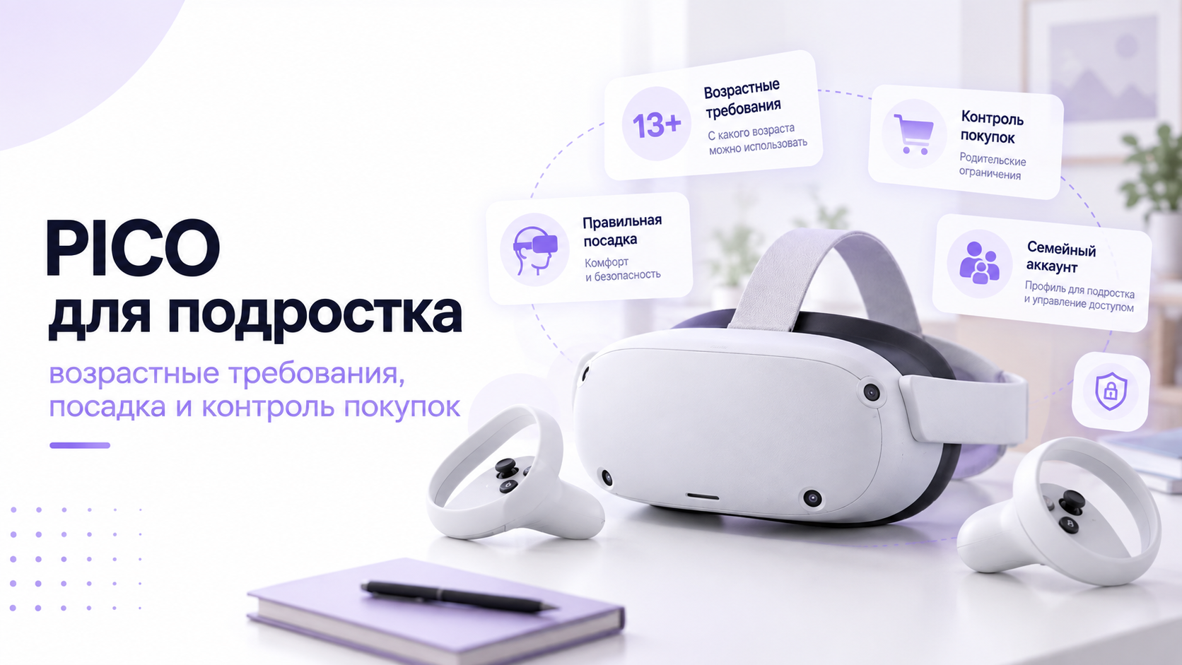 VR-шлем с контроллерами и памятка о посадке, покупках и использовании PICO подростком
