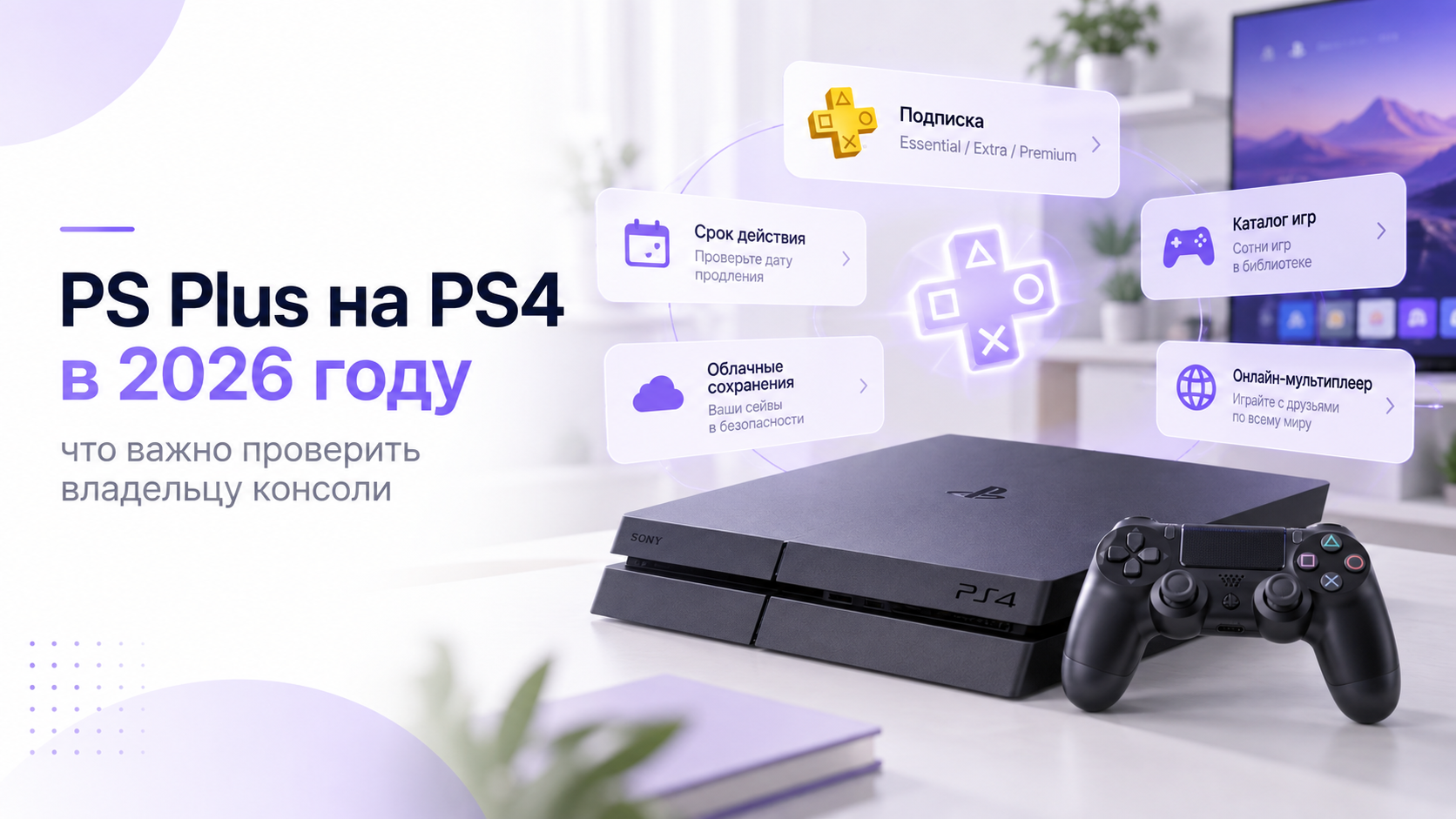 Консоль PS4 с контроллером и перечнем возможностей подписки PS Plus