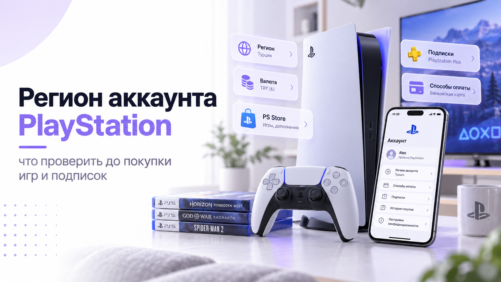 PlayStation, контроллер и смартфон с настройками региона аккаунта
