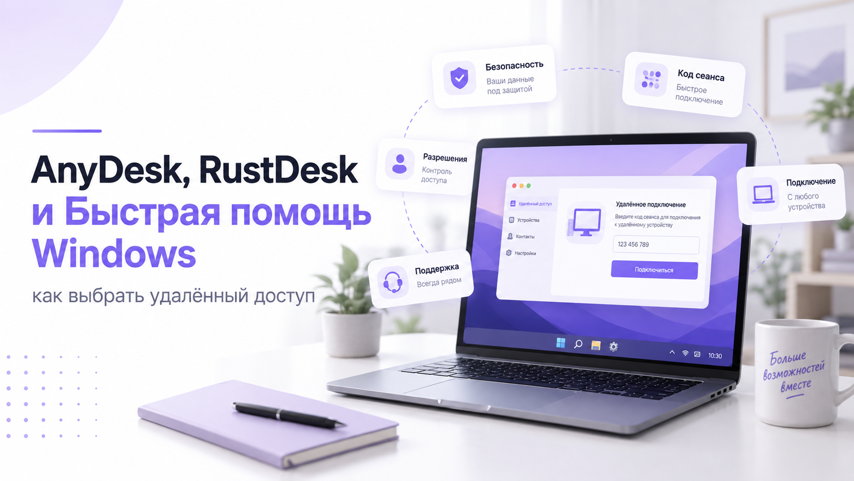 Ноутбук с окном удалённого подключения: сравнение AnyDesk, RustDesk и Быстрой помощи Windows