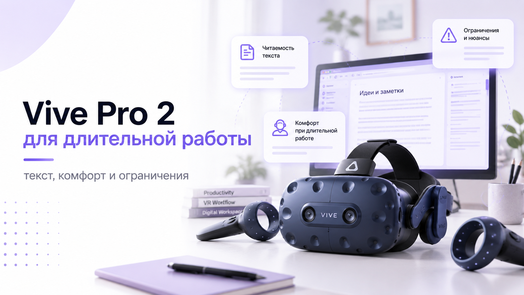 Шлем Vive Pro 2, контроллеры и монитор с текстом: длительная работа в VR
