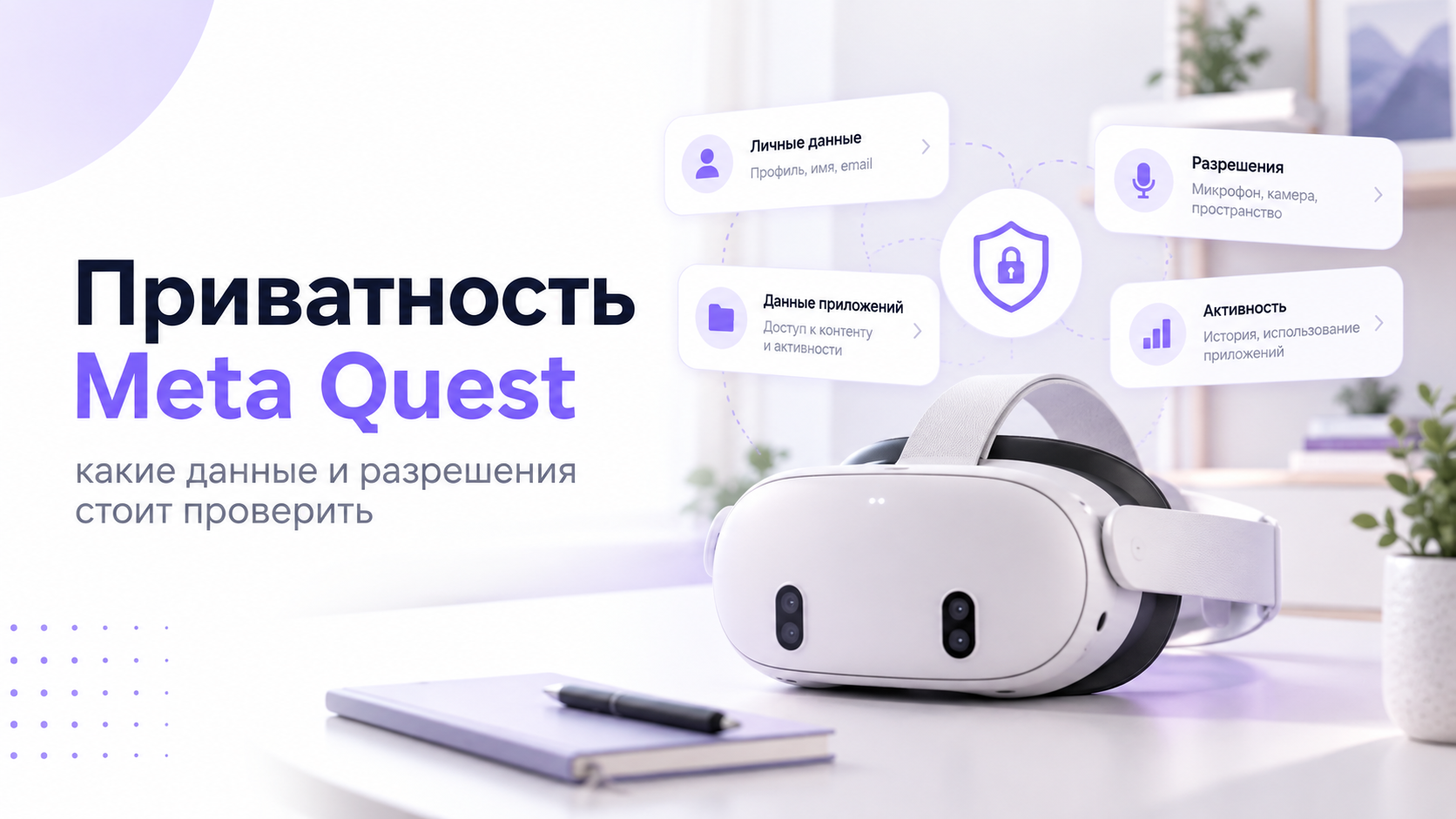 Шлем Meta Quest и схема проверки личных данных и разрешений приложений
