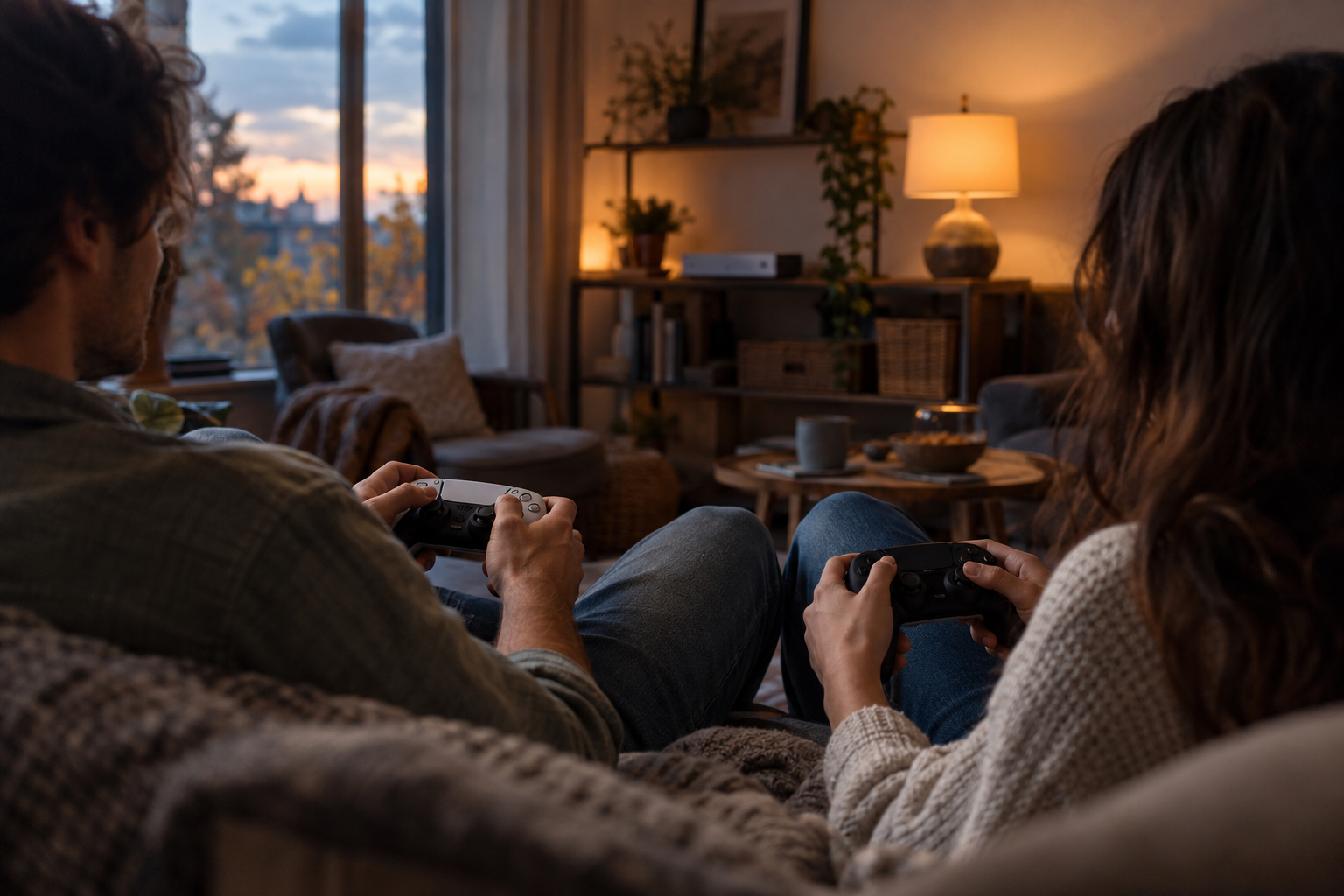 Двое взрослых сидят на диване с игровыми контроллерами в руках; на заднем плане видна гостиная в вечернем свете.