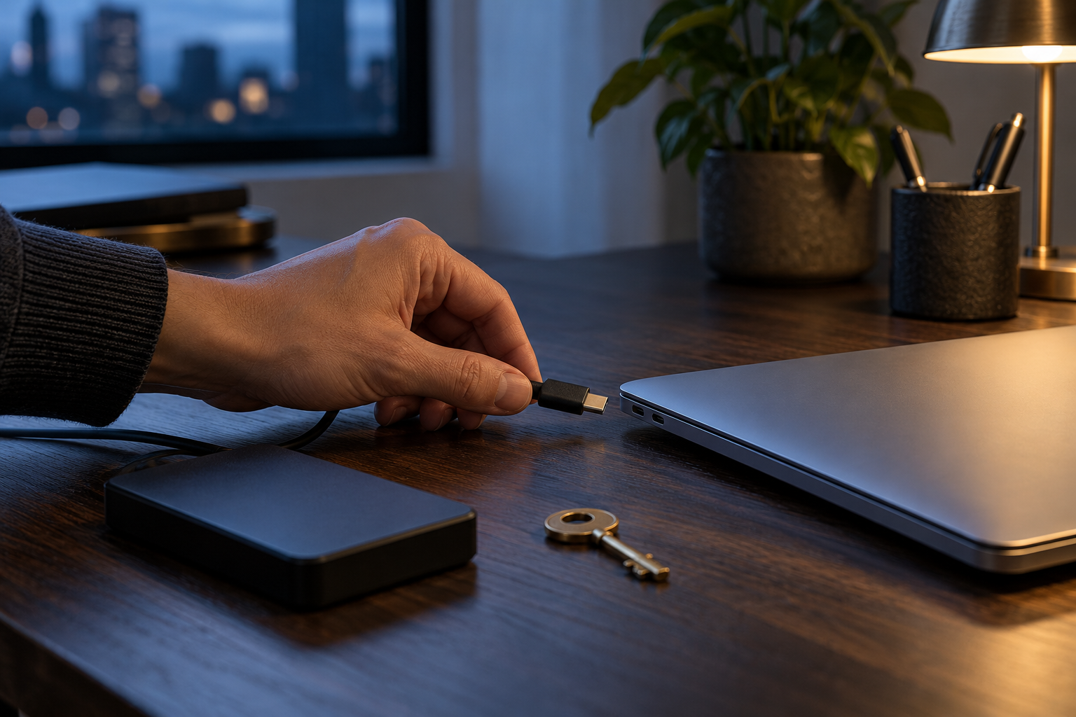Рука держит кабель USB-C перед закрытым серебристым ноутбуком; рядом лежат внешний накопитель и латунный ключ на деревянном столе.