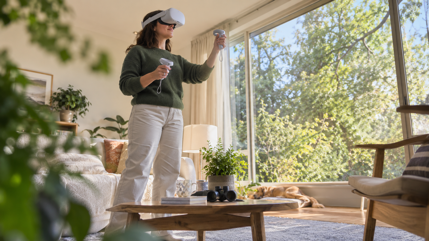 Человек в тёмной VR-гарнитуре сидит в осеннем берёзовом лесу и держит контроллер, направленный на малиновку на ветке.