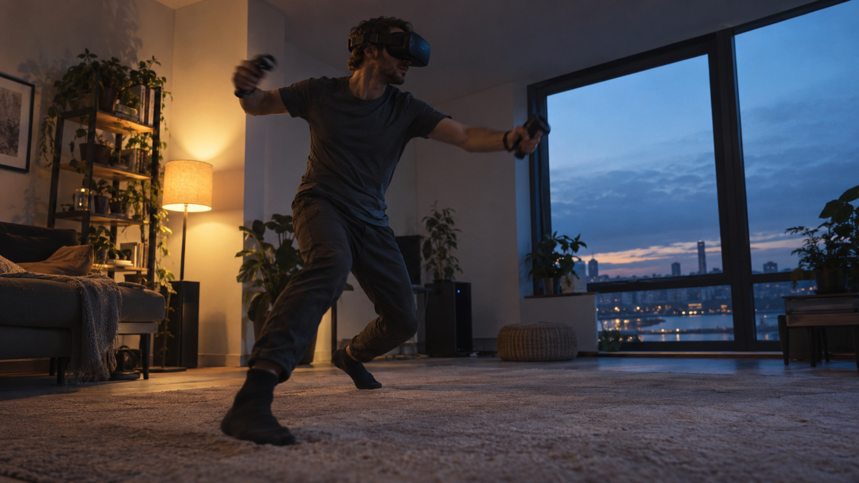 Мужчина в тёмном VR-шлеме с двумя контроллерами делает широкий шаг на свободном полу комнаты; за окном вечерний город.