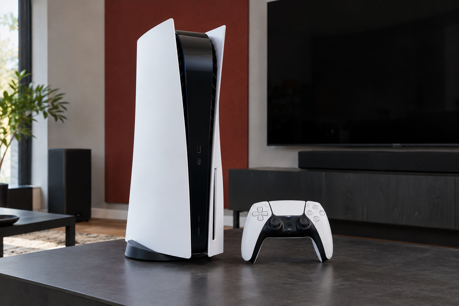 Белая PlayStation 5 и контроллер DualSense на тёмной тумбе перед выключенным телевизором.
