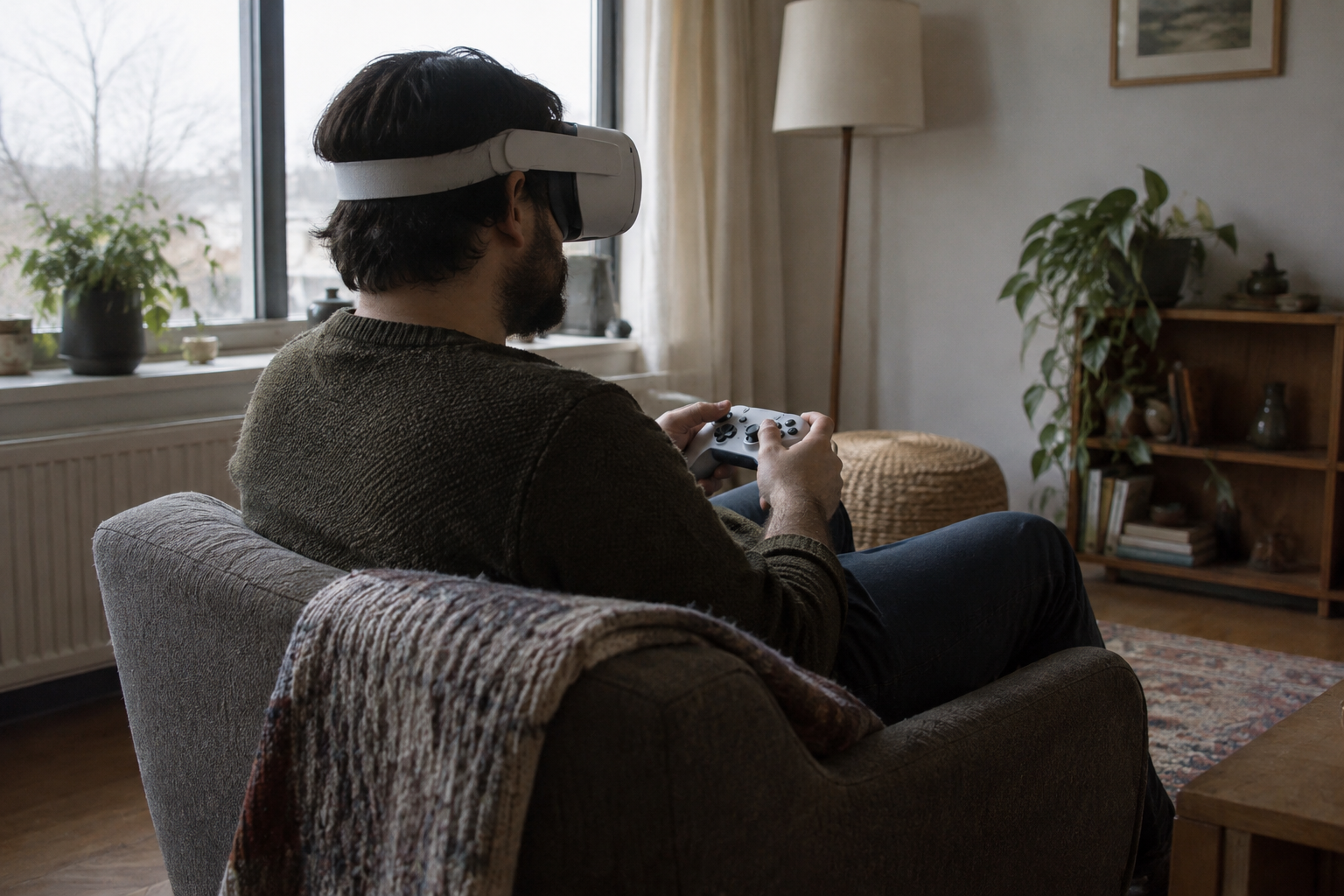 Игрок в белой VR-гарнитуре сидит в кресле у окна и держит геймпад двумя руками.